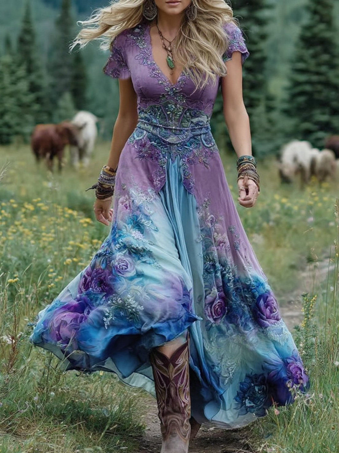 Amelia Blumen Maxikleid mit V-Ausschnitt foto 5