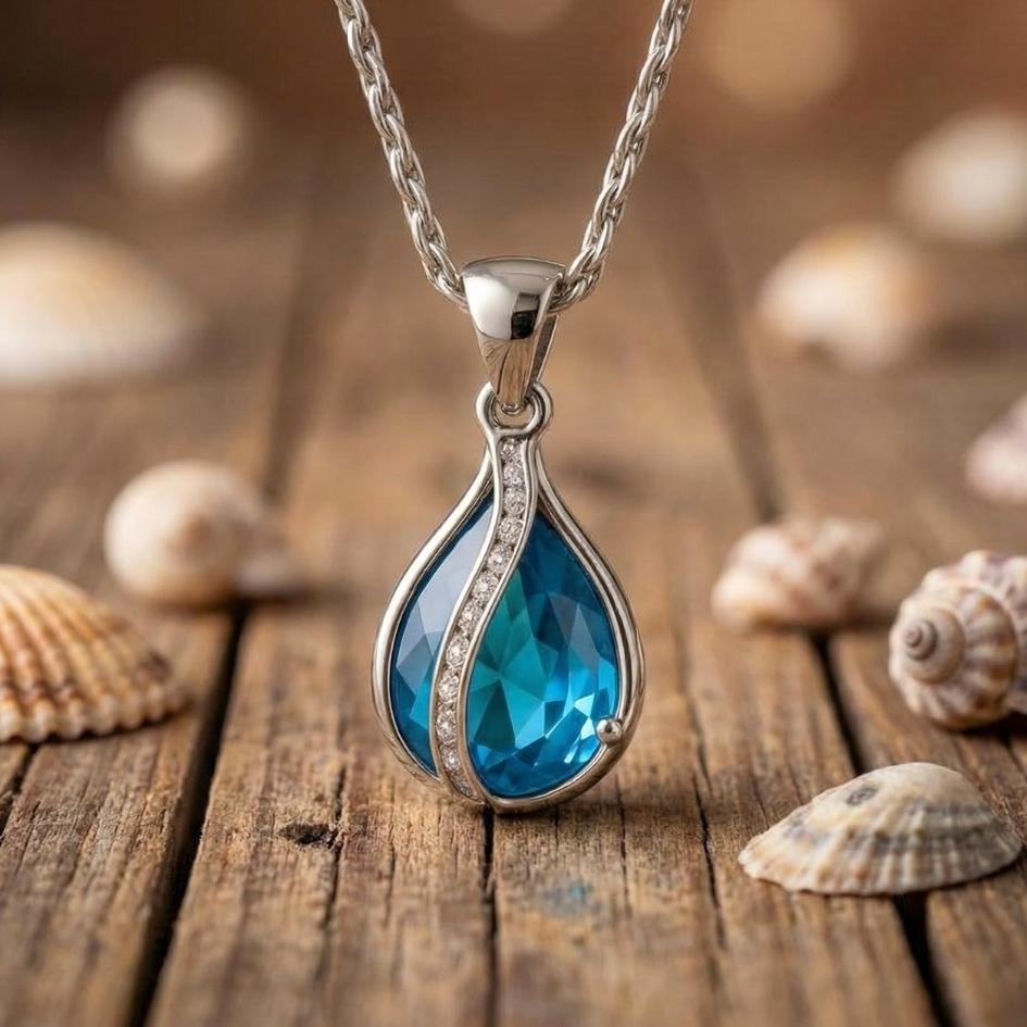 Tropfen des Lichts – Halskette mit blauem Zirkon und Silberfinish