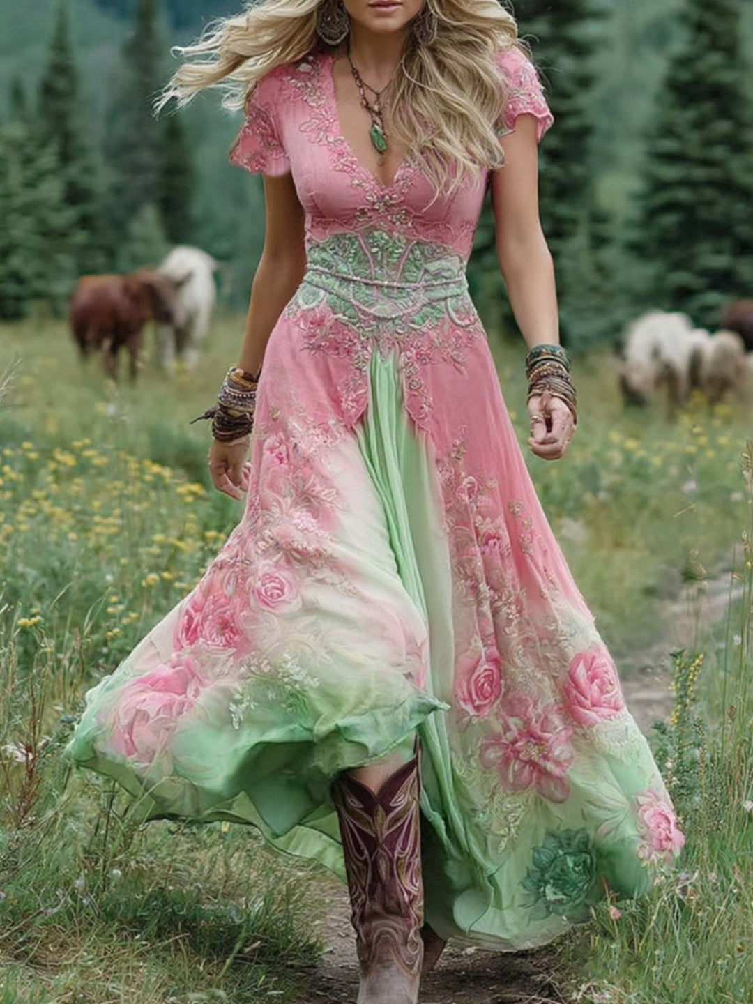 Amelia Blumen Maxikleid mit V-Ausschnitt foto 4