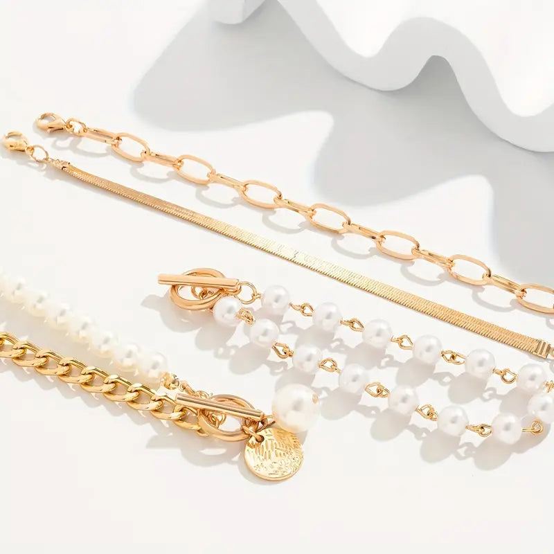 Elegantes 4-teiliges Goldarmband-Set – Schlange, Perlen und Glieder