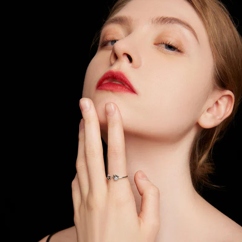 Verstellbarer Silber Pfotenring Mit Zirkonia Und Emaille