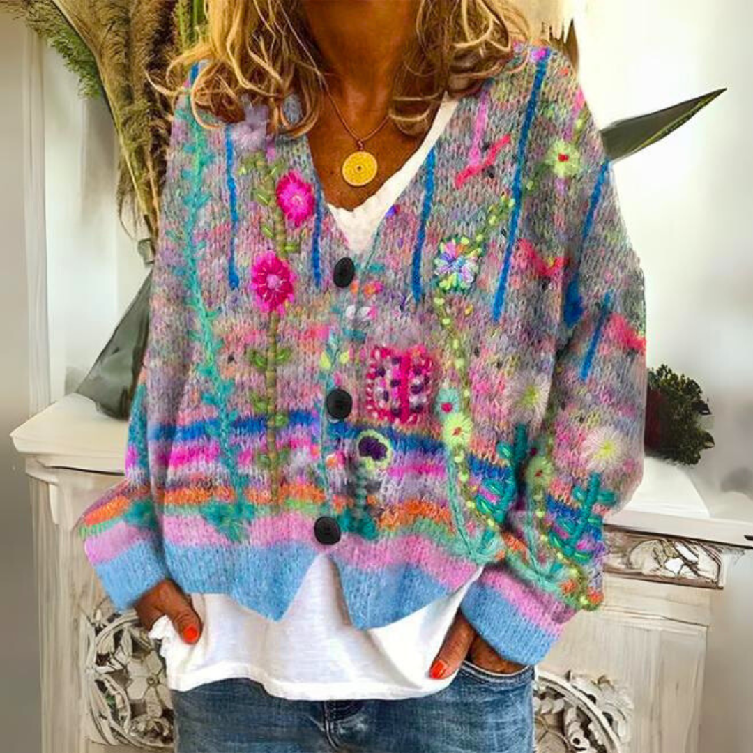 Bunte Damen Strickjacke kurz mit Blumenmuster in Blau