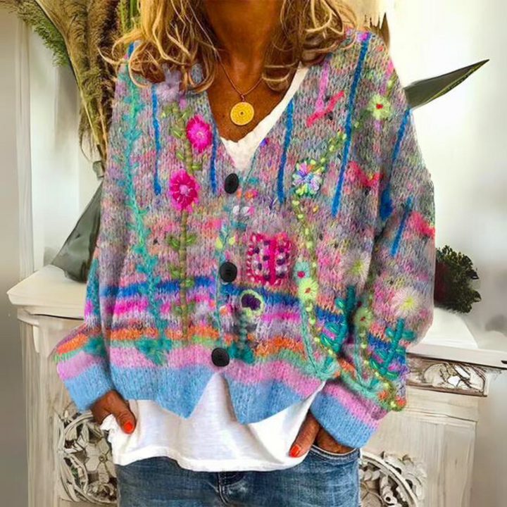 Bunte Damen Strickjacke kurz mit Blumenmuster in Blau