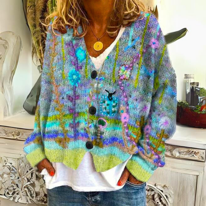 Bunte Damen Strickjacke kurz mit Blumenmuster in Grün
