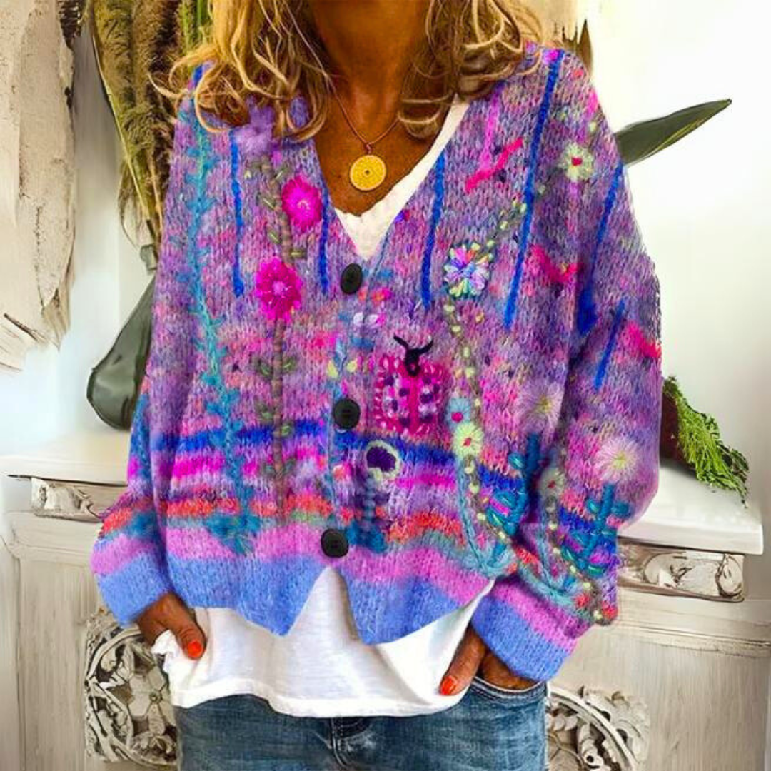 Bunte Damen Strickjacke kurz mit Blumenmuster in Lila
