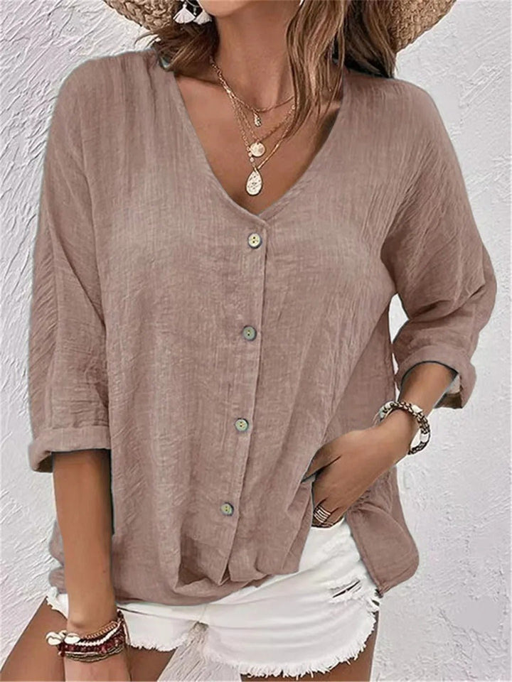 Cotton V-Neck Button-Front Top Crinkle in Hellbraun