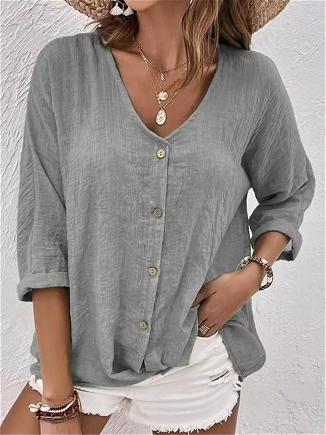 Cotton V-Neck Button-Front Top Crinkle in Hellgrau