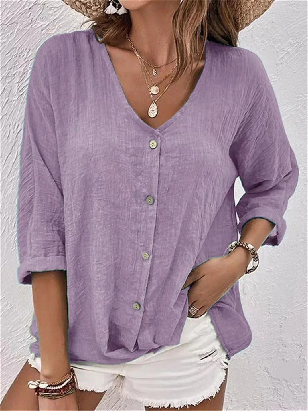 Cotton V-Neck Button-Front Top Crinkle in Helllila