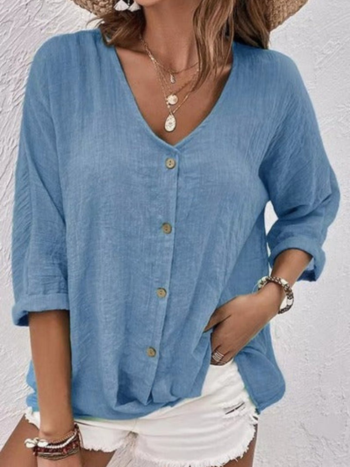 Cotton V-Neck Button-Front Top Crinkle in Steel Blue