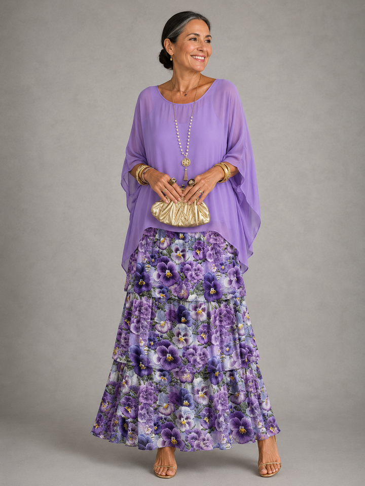 Damen Abendkleid lang für den Herbst in Purple with Flowers