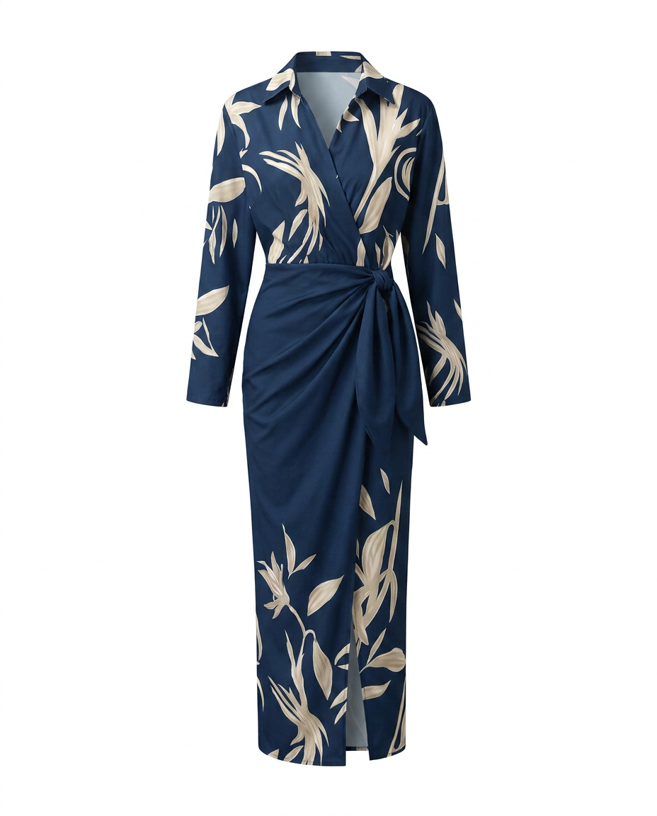 Damen Abendkleid lang im Wickel-Stil in Blau 2