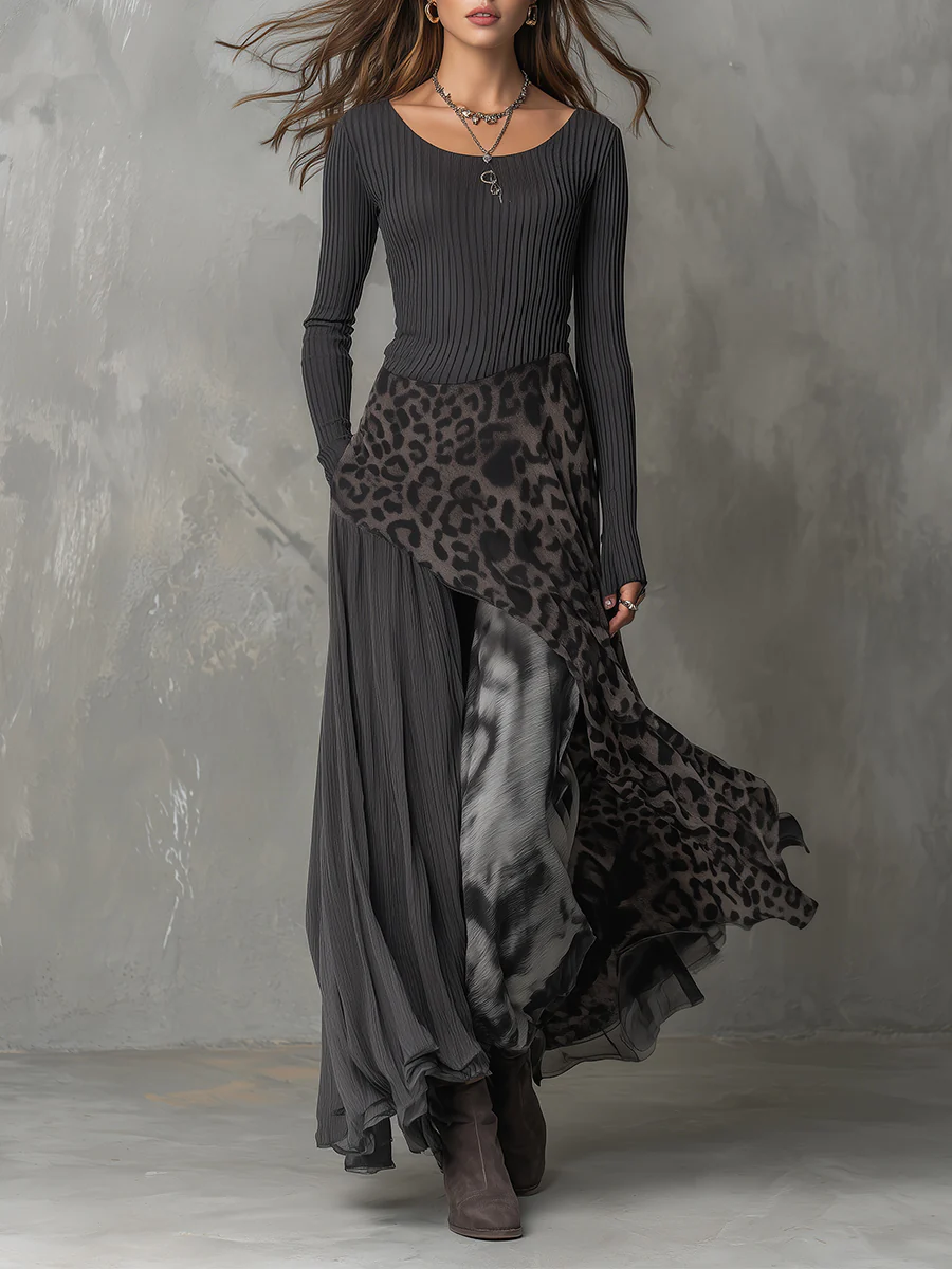 Damen Abendkleid Maxi mit Mustermix in Grau