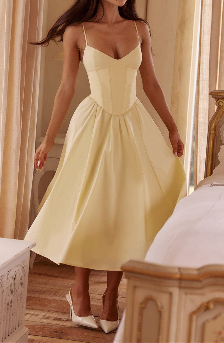 Damen Abendkleid Midi A-Linie mit Herzausschnitt in Gelb