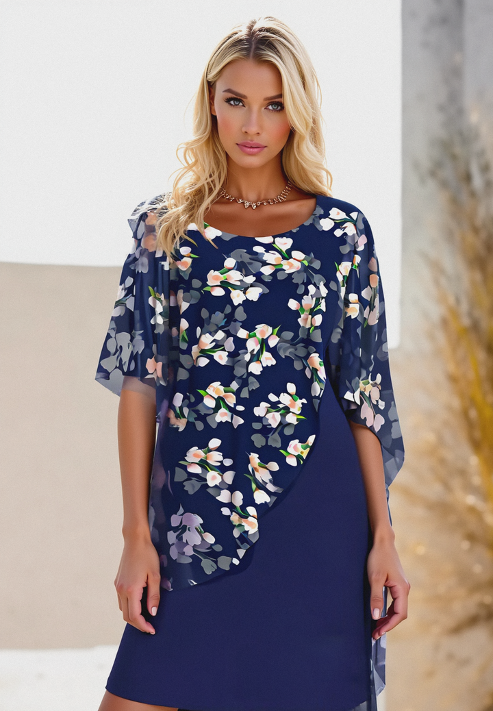 Damen Anmutiges Sommerkleid mit Cape Gartenmuster (2)