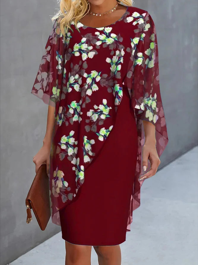 Damen Anmutiges Sommerkleid mit Cape Gartenmuster in Bordeaux