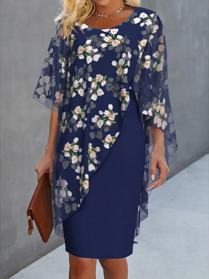 Damen Anmutiges Sommerkleid mit Cape Gartenmuster in Dunkelblau