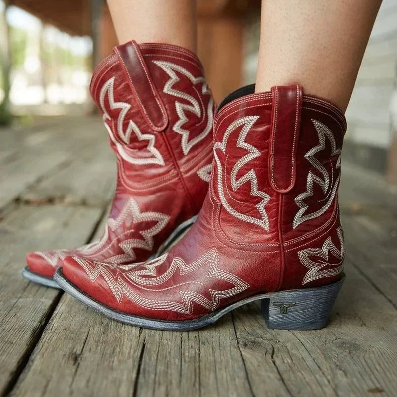 Damen Bestickte Lederstiefel im Cowboy-Stil in Rot
