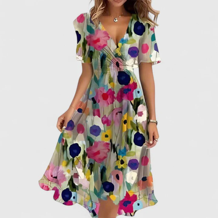 Damen Blumen V-Ausschnitt Midi Kleid in Beige