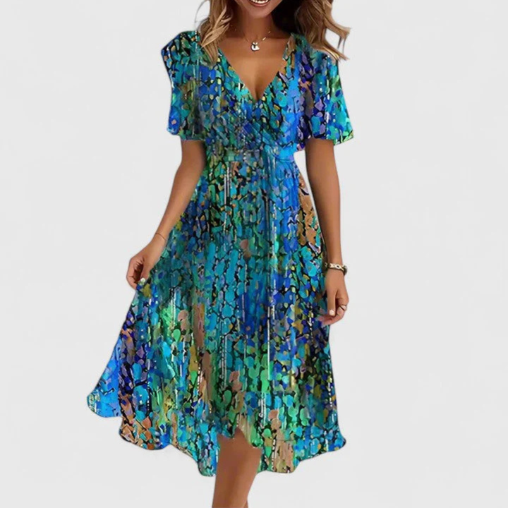 Damen Blumen V-Ausschnitt Midi Kleid in Blau/Grün