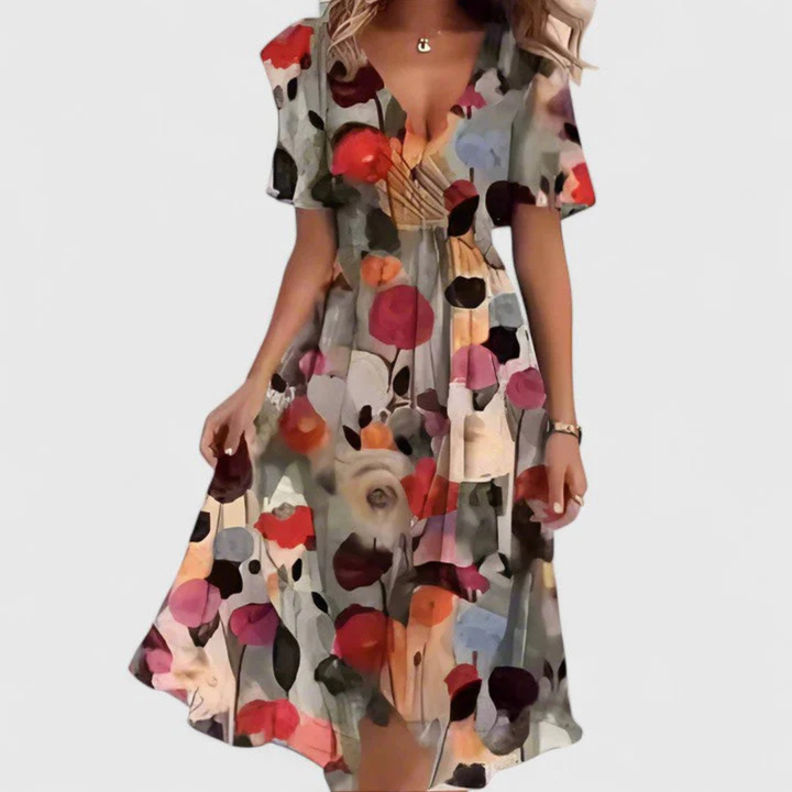 Damen Blumen V-Ausschnitt Midi Kleid in Braun