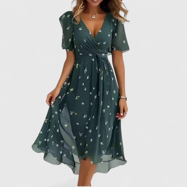 Damen Blumen V-Ausschnitt Midi Kleid in Grün