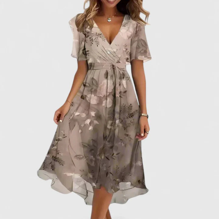Damen Blumen V-Ausschnitt Midi Kleid in Hellbraun