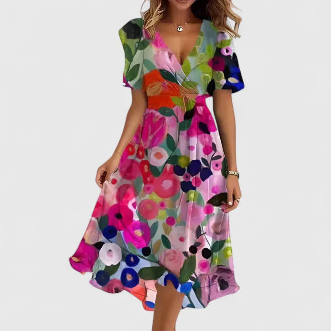 Damen Blumen V-Ausschnitt Midi Kleid in Mehrfarbig