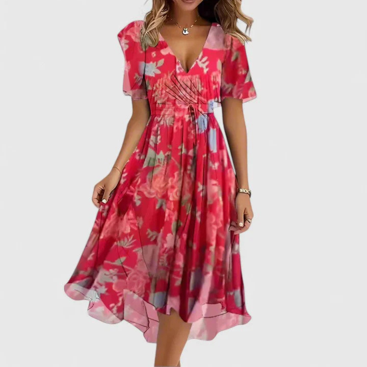 Damen Blumen V-Ausschnitt Midi Kleid in Rot