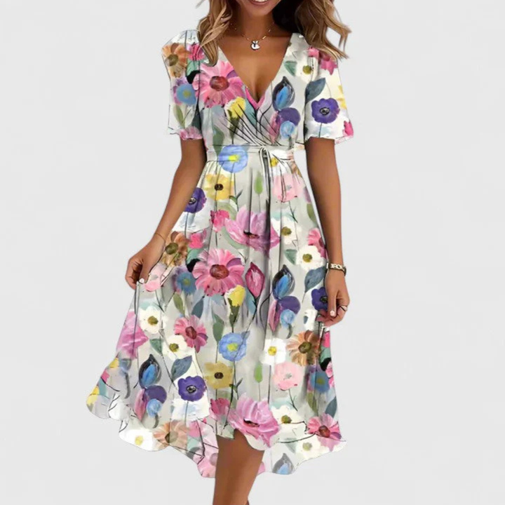 Damen Blumen V-Ausschnitt Midi Kleid in Weiß