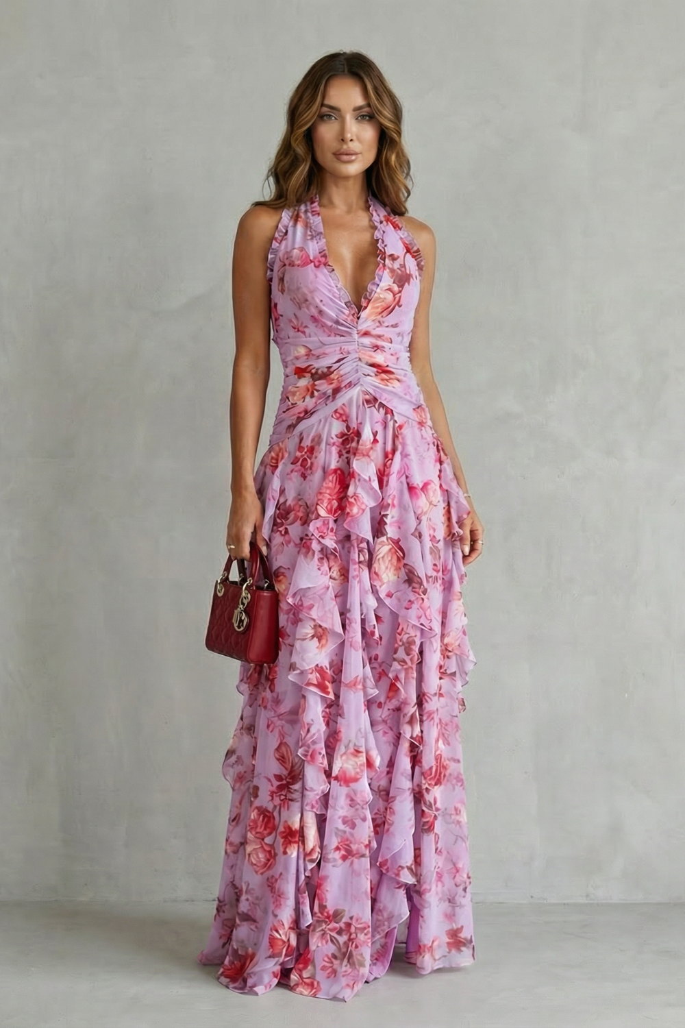 Damen Blumenmuster Halter Maxi Kleid mit Rüschen (2)