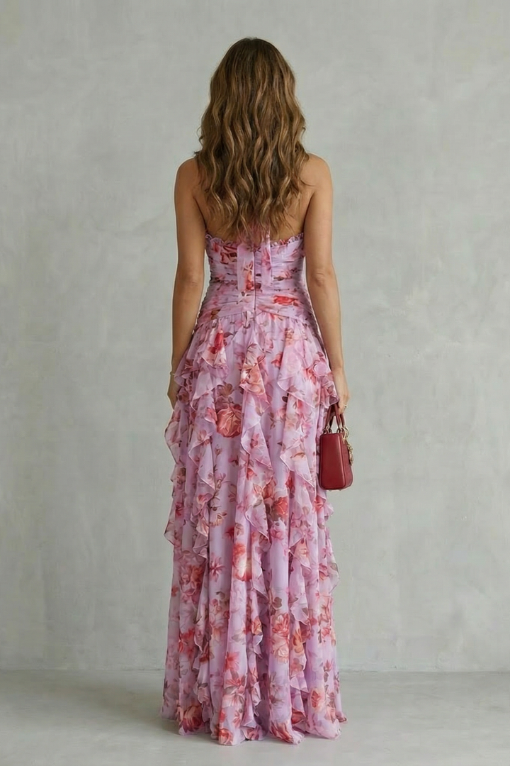 Damen Blumenmuster Halter Maxi Kleid mit Rüschen (4)