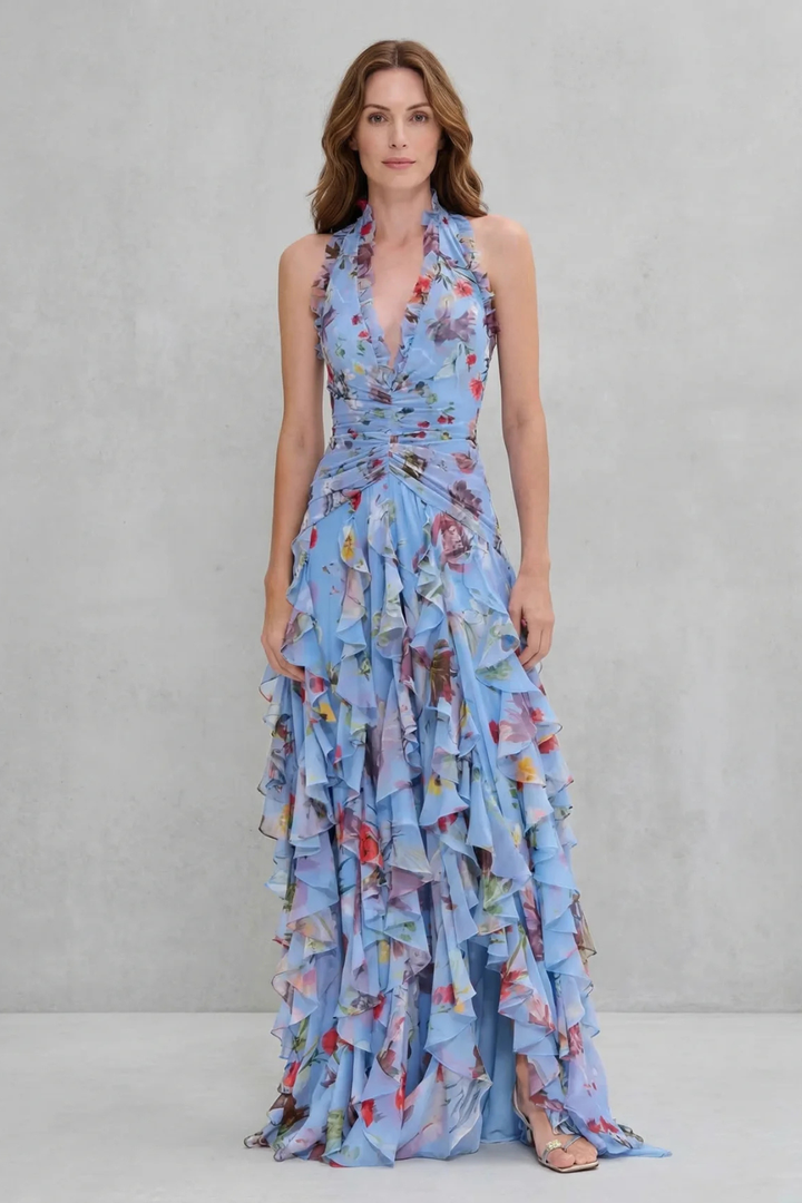 Damen Blumenmuster Halter Maxi Kleid mit Rüschen (6)