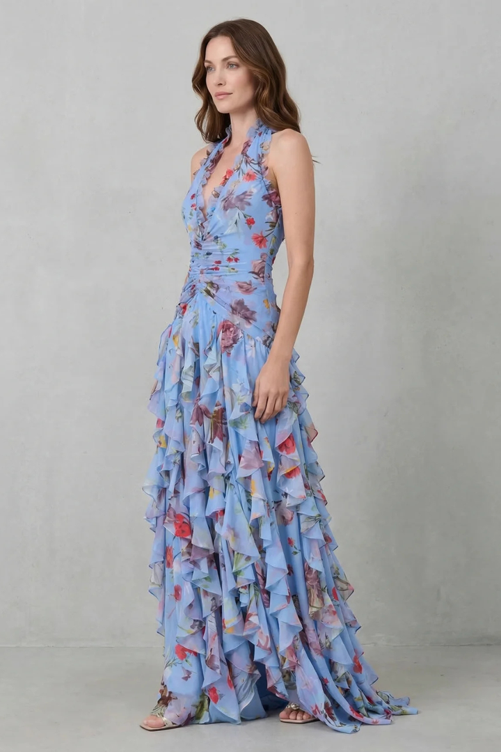 Damen Blumenmuster Halter Maxi Kleid mit Rüschen (7)