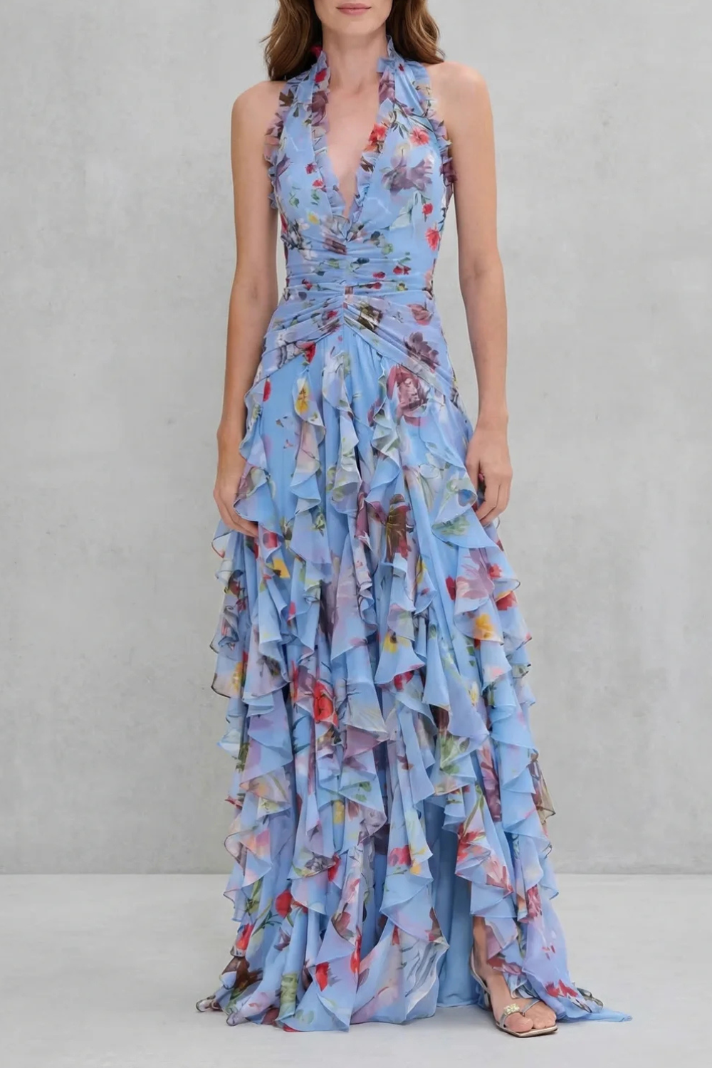 Damen Blumenmuster Halter Maxi Kleid mit Rüschen in Blau