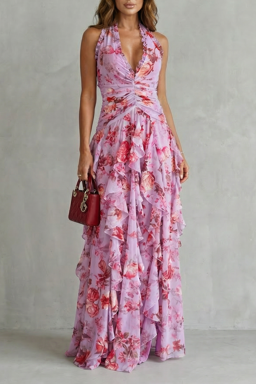 Damen Blumenmuster Halter Maxi Kleid mit Rüschen in Rosa