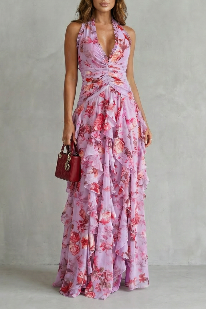 Damen Blumenmuster Halter Maxi Kleid mit Rüschen in Rosa