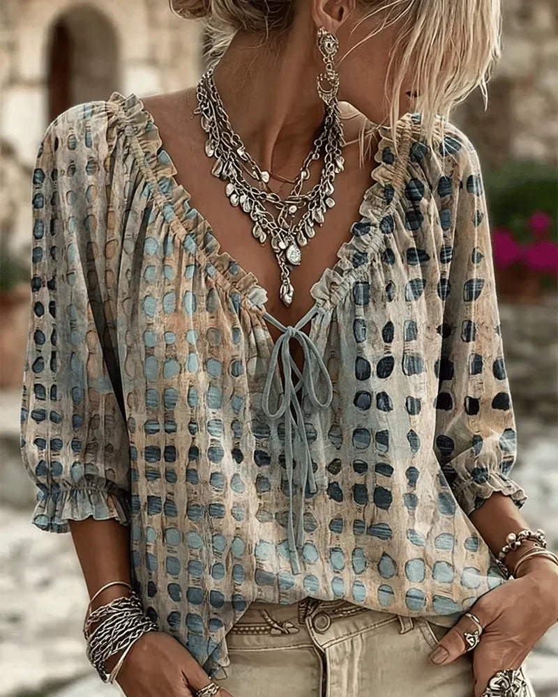 Damen Bluse elegant mit Puffärmeln und Schnürung in Blau