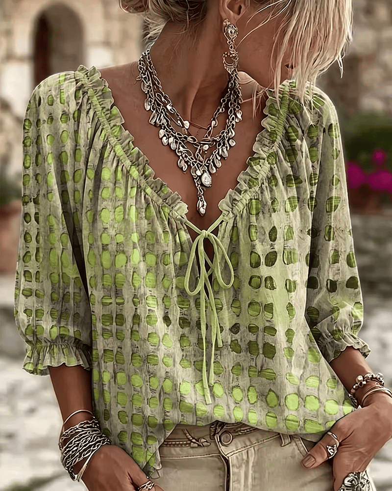 Damen Bluse elegant mit Puffärmeln und Schnürung in Grün