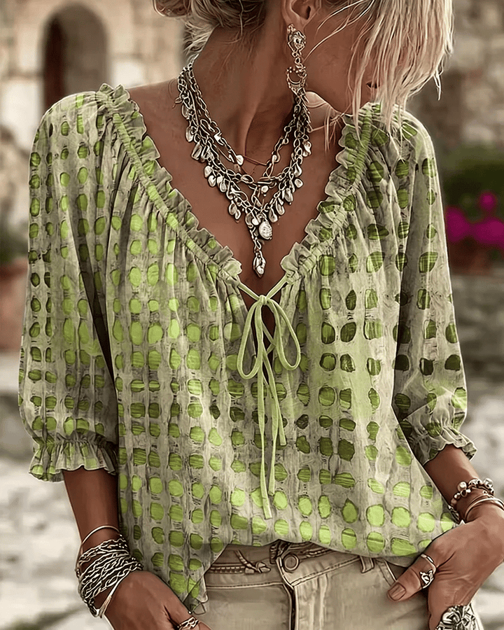 Damen Bluse elegant mit Puffärmeln und Schnürung in Grün