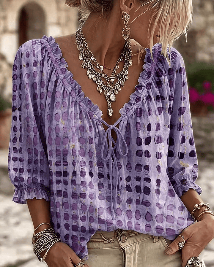 Damen Bluse elegant mit Puffärmeln und Schnürung in Lila