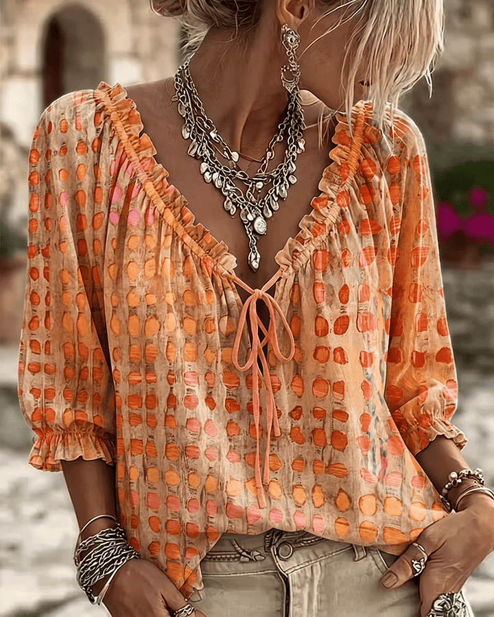 Damen Bluse elegant mit Puffärmeln und Schnürung in Orange