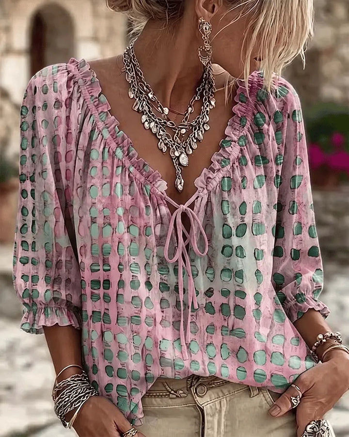Damen Bluse elegant mit Puffärmeln und Schnürung in Rosa