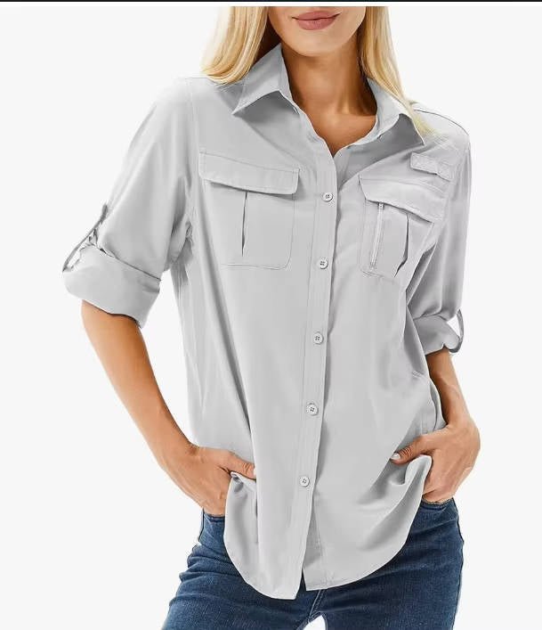 Damen Bluse im Outdoor-Stil mit Sonnenschutz in Hellgrau