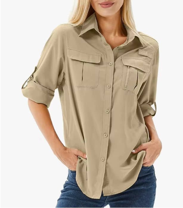 Damen Bluse im Outdoor-Stil mit Sonnenschutz in Schlammgelb