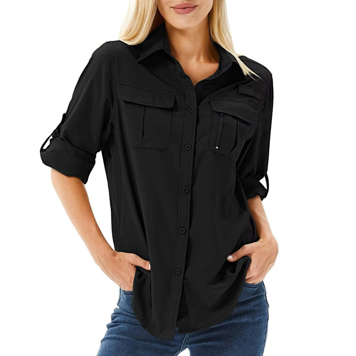 Damen Bluse im Outdoor-Stil mit Sonnenschutz in Schwarz