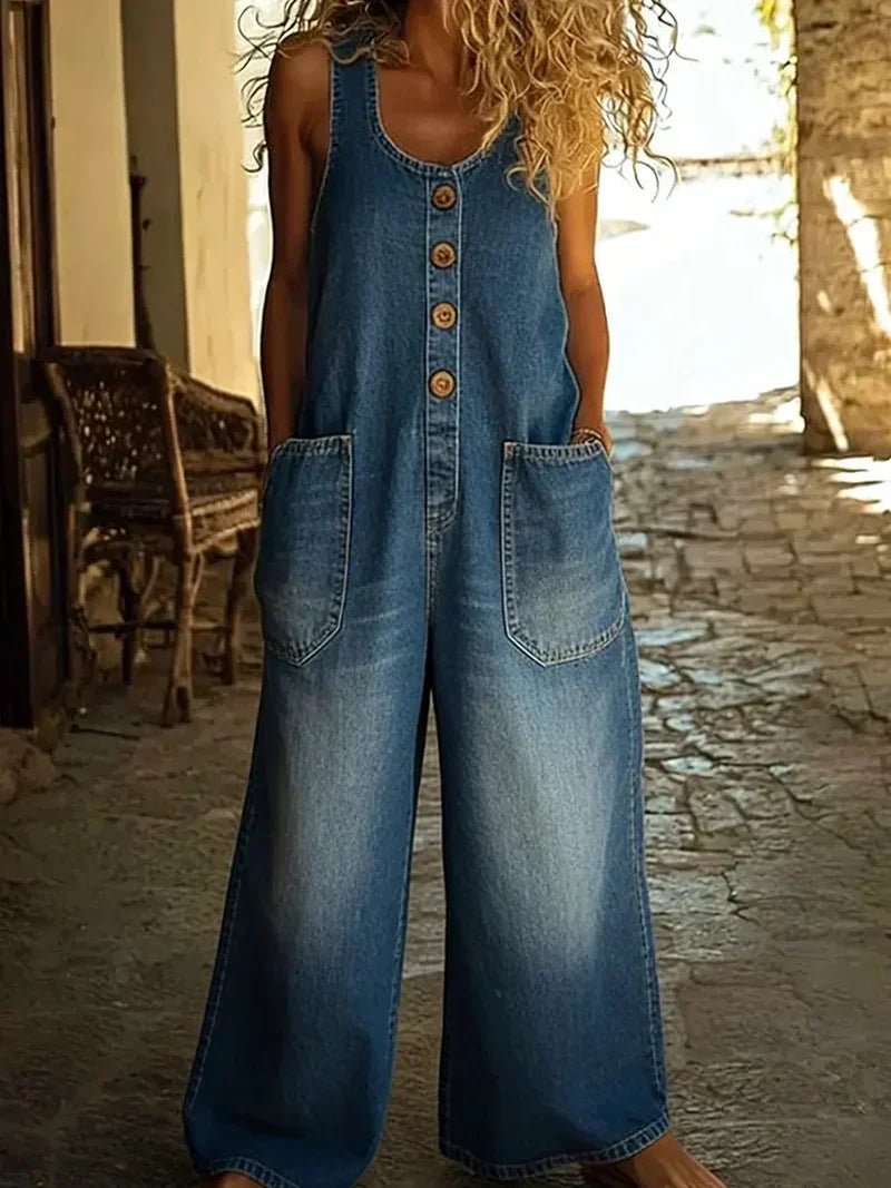 Damen Boho Denim Jumpsuit Ärmellos in Blau