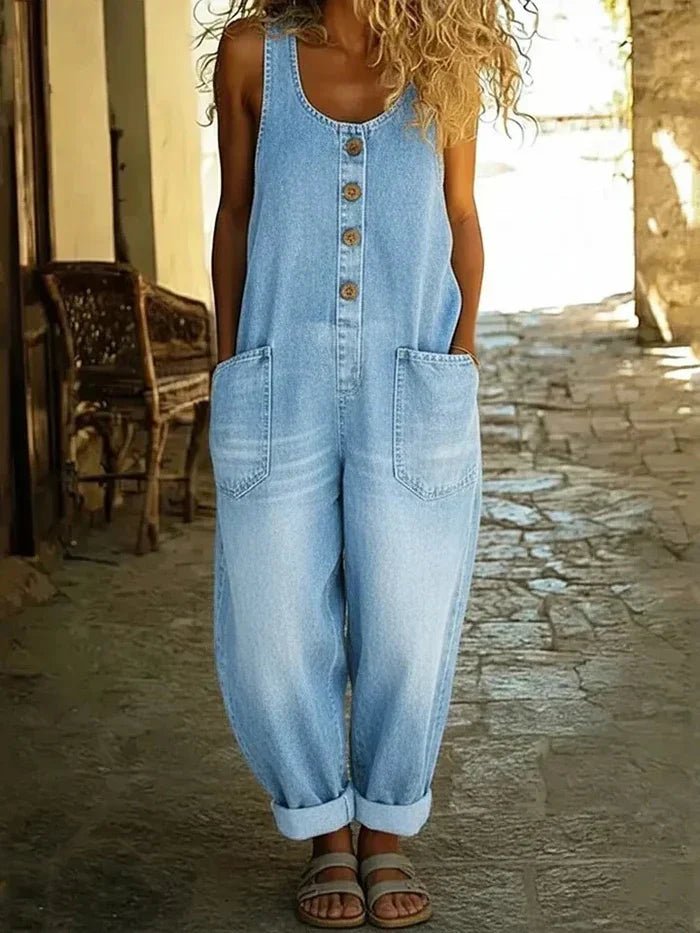 Damen Boho Denim Jumpsuit Ärmellos in Hellblau