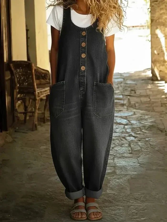 Damen Boho Denim Jumpsuit Ärmellos in Schwarz