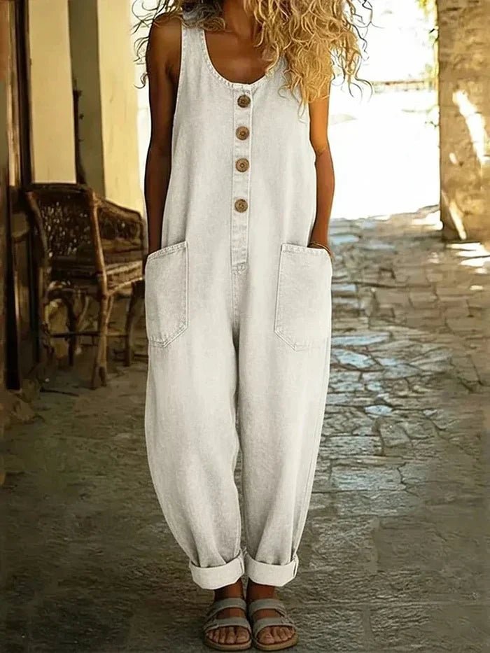 Damen Boho Denim Jumpsuit Ärmellos in Weiß