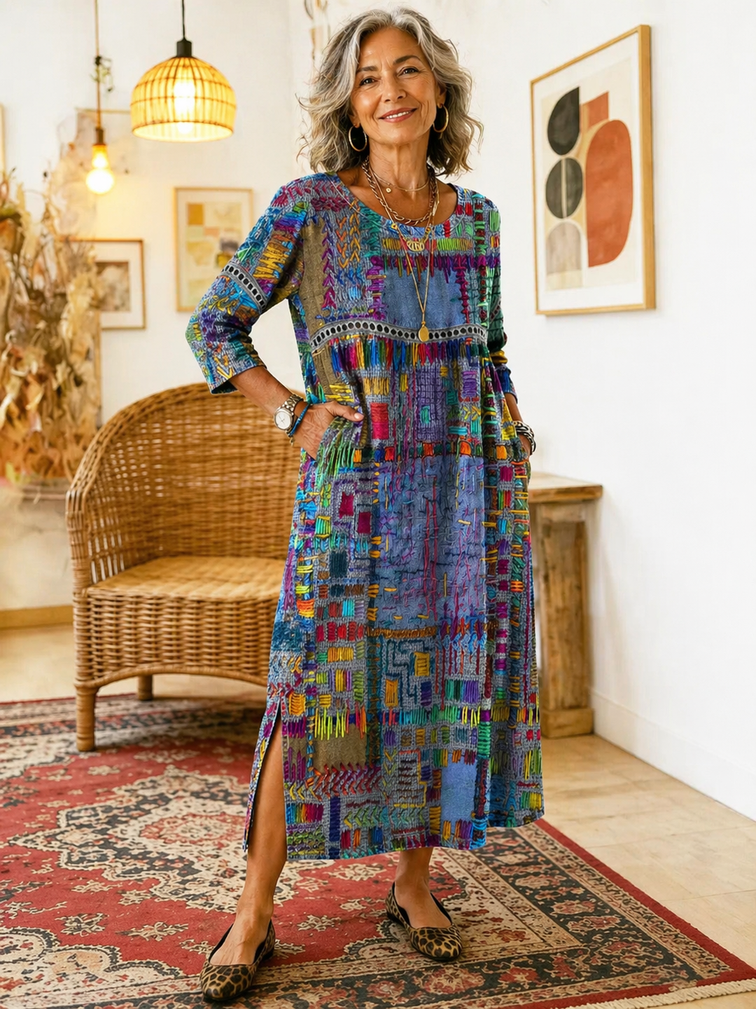 Damen Boho-Kleid mit Ethno-Patchwork